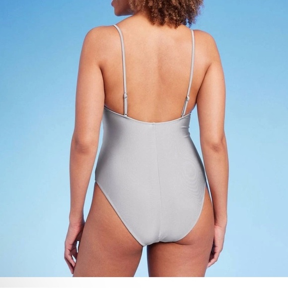 NWT Square Neck High Leg Cheeky Sleek Silver One Piece Swimsuit XL 16 Minimalist - Picture 3 of 13